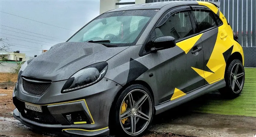 Honda Brio Gunmetal Grey + Gloss Yellow Wrap by Knight Auto Customizer