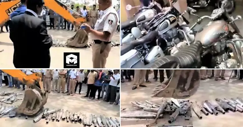 Karnataka Police Crushes Loud & Illegal Royal Enfield Exhausts by JCB