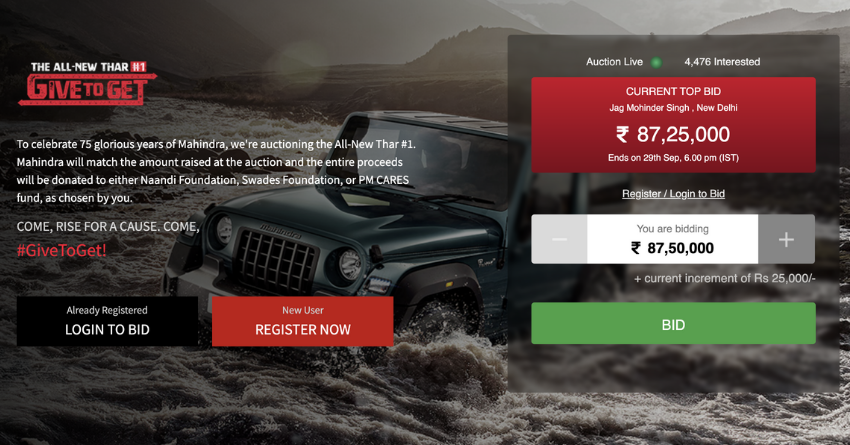 New Mahindra Thar #1 Auction Bid Touches INR 87 lakh!