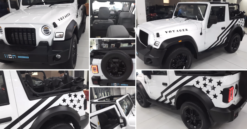 White Mahindra Thar SUV Featuring Black Graphics and LED Headlights