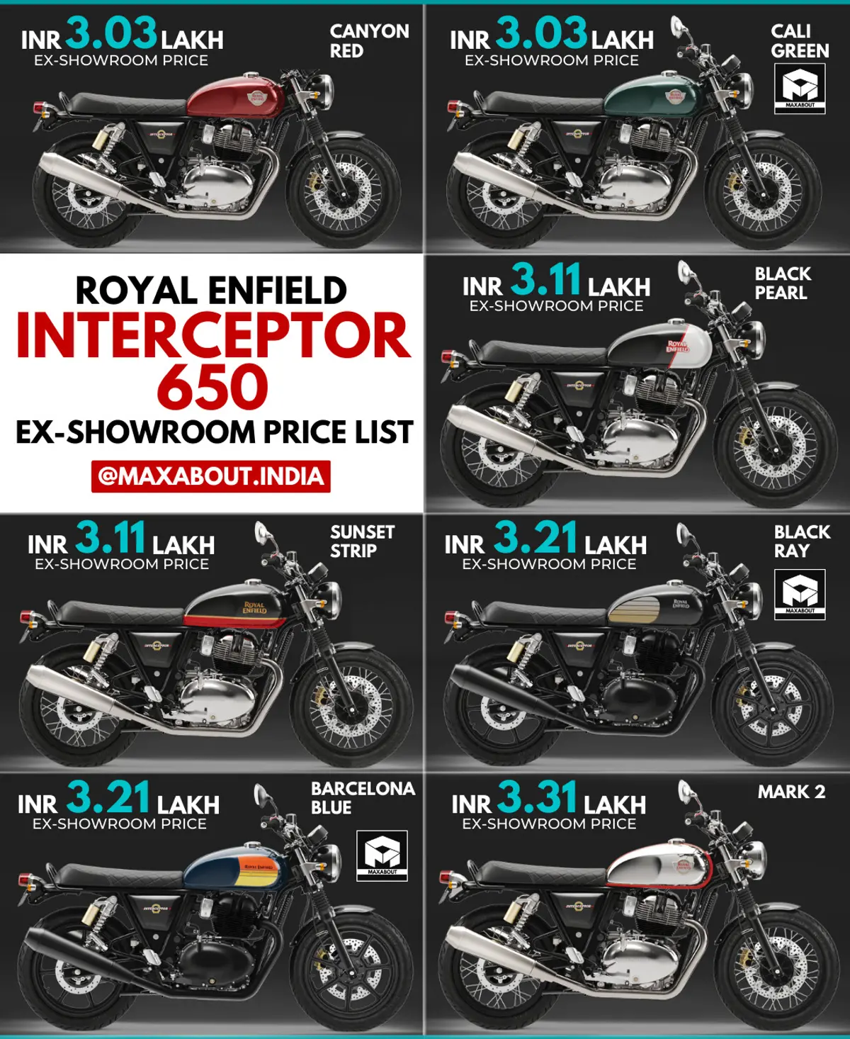 2023 Royal Enfield Interceptor 650 Colour-Wise Ex-Showroom Price List