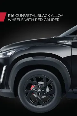 Nissan Magnite Kuro Edition Black Alloy Wheels with Red Caliper