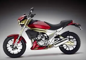 2014 New Mahindra Mojo Side View 'Red/Silver/Gold/Black'