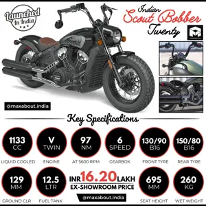 2021 Indian Scout Bobber Twenty Key Specs and Price in India