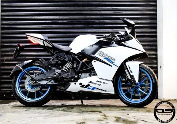 White KTM RC 200 with Blue Alloy Wheels
