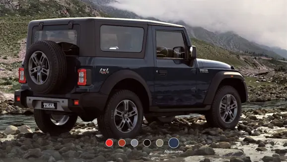 New Mahindra Thar Aquamarine Rear 3-Quarter View