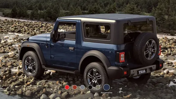 New Mahindra Thar Aquamarine Rear 3-Quarter View