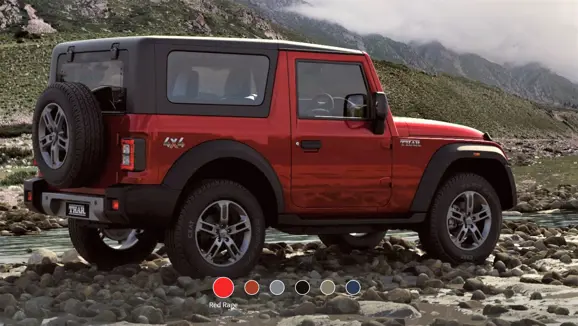 New Mahindra Thar Red Rage Rear 3-Quarter View