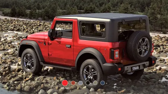 New Mahindra Thar Red Rage Rear 3-Quarter View