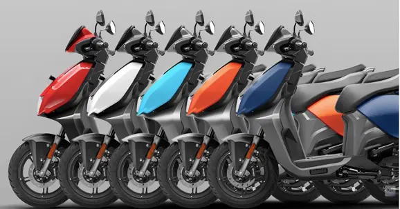 Five different colours of VIDA V2 Plus Electric Scooter