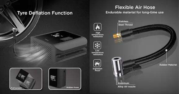 Qubo Smart Tyre Inflator Pro tyre deflation function and flexible air hose