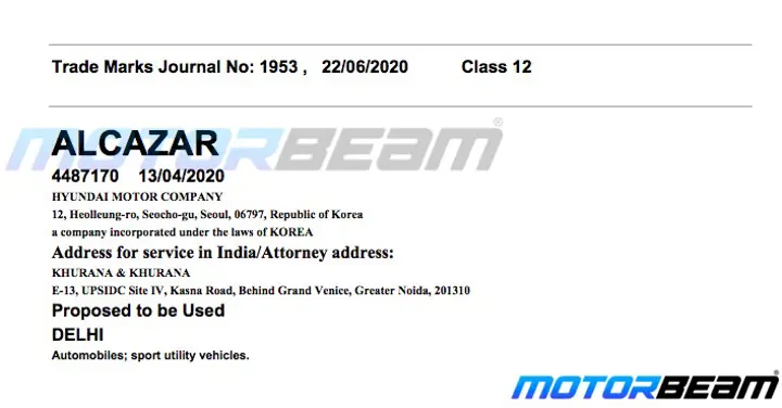 Hyundai Alcazar SUV Name Trademarked