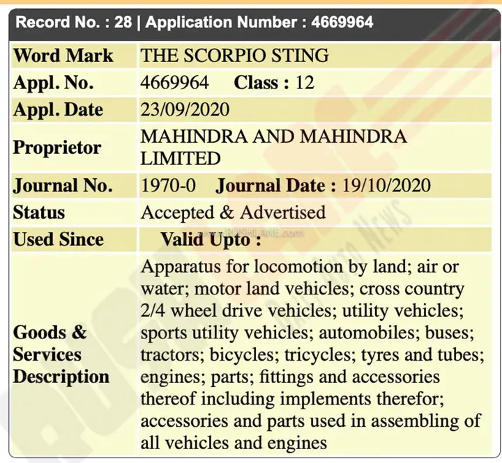 Mahindra Scorpio Sting Trademarks Registered